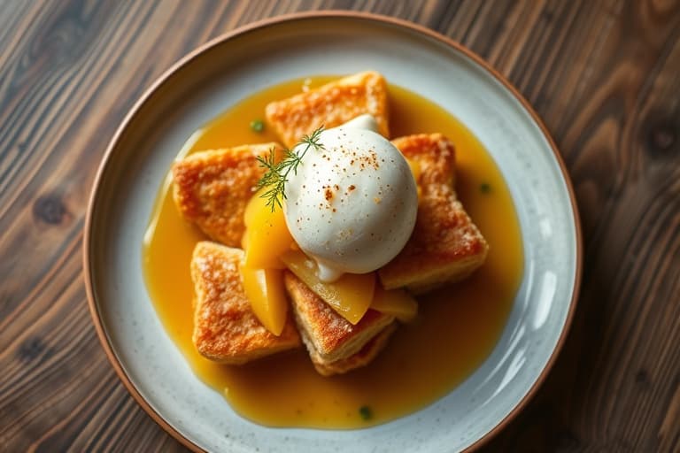 Appelsinkrydder og ananas- og ingefærsorbet med appelsinsaus og sprø appelsin- og ananasskiver