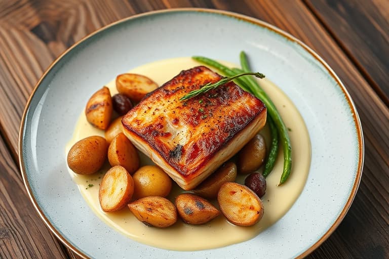 Stekte kamskjell med brunt smør, hasselnøtter og hvit trøffelolje, servert med ovnsbakte fingerling-poteter og asparges