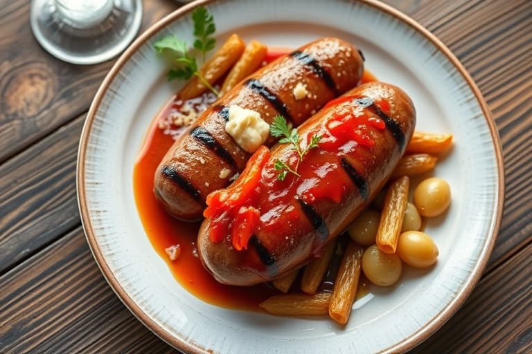 Øl-kokt, grillet bratwurst med ovnsrostet rød peppersaus og parmesanostskåler med blandet grønt og pan-stekte urtedelte poteter