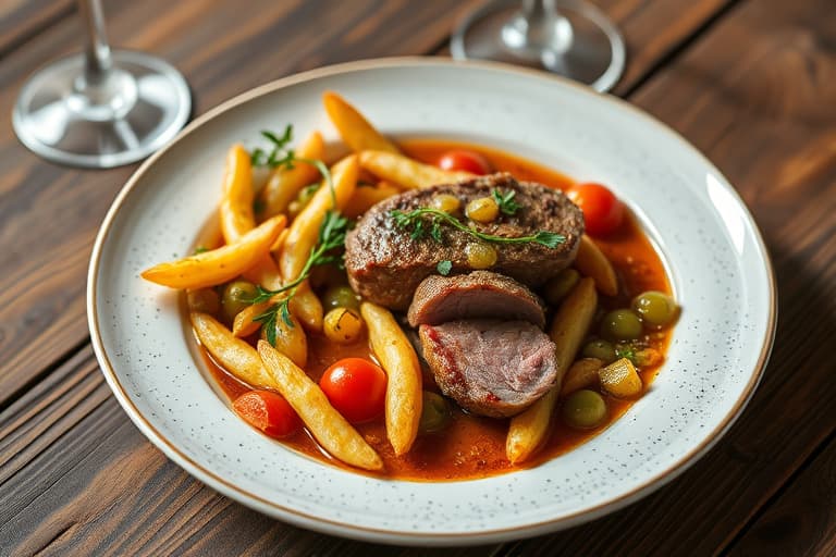 Svine-Milanese med bein, servert med ovnsbakte fingerling-poteter, grønne bønner, tomater og ruccolasalat