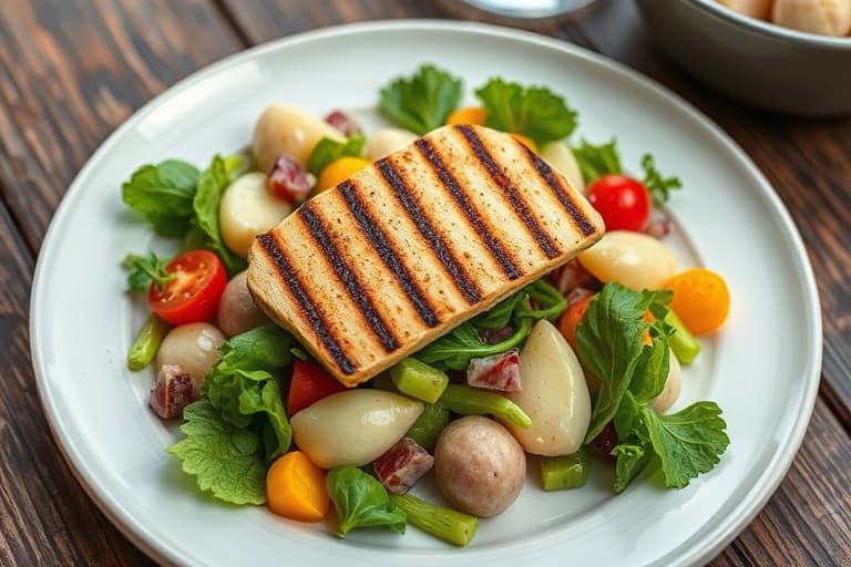 Artisjokk-, fennikel-, asparges-, grønnbønne- og fersk sommertrøffelsalat, toppet med grillet kveitefilet i en trøffelvinaigrette