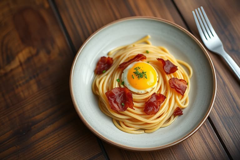 Pasta med stekte egg, karamelliserte løk og bacon