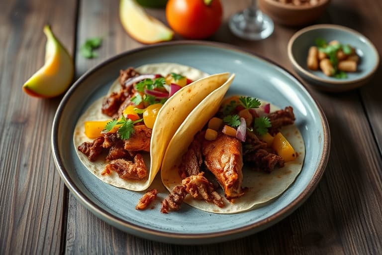 Tacos med carnitas, stekt med appelsin, melk og pepper