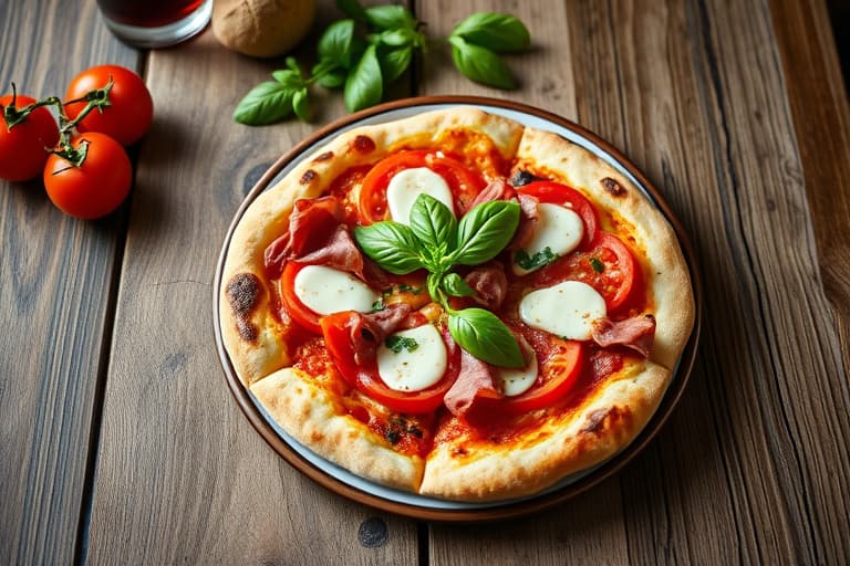 Pizzette med fontina, tomat, basilikum og prosciutto