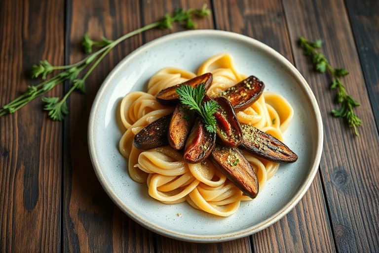 Rigatoni med aubergine og pinjekjerner med sprø tekstur