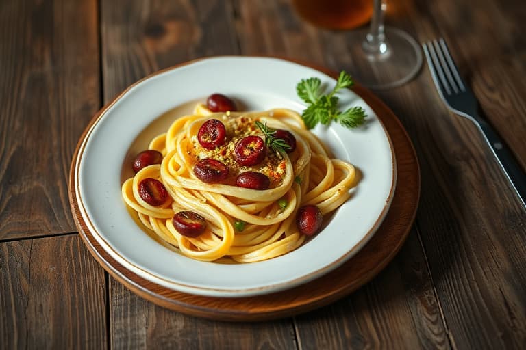 Perciatelli med reker og hvitløksbrødsmuler