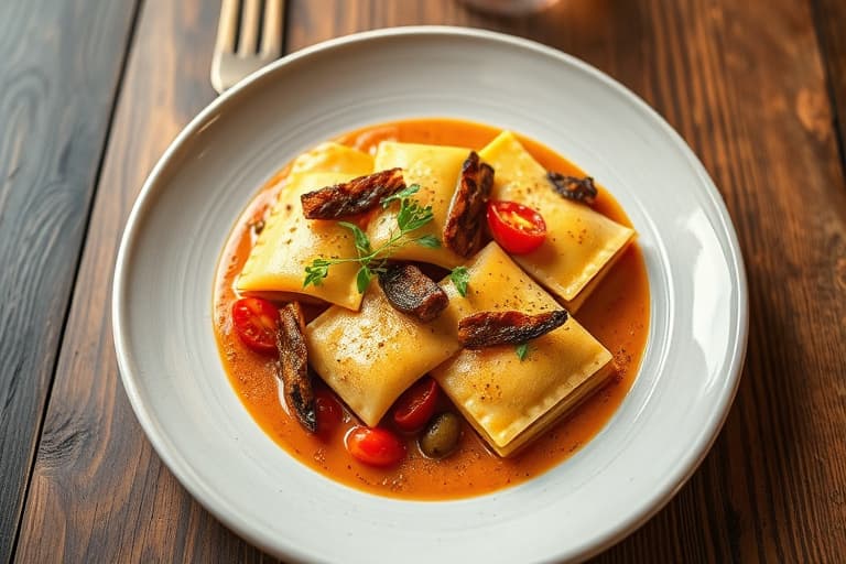 Ostefylte ravioli med urter i kjøttkraft