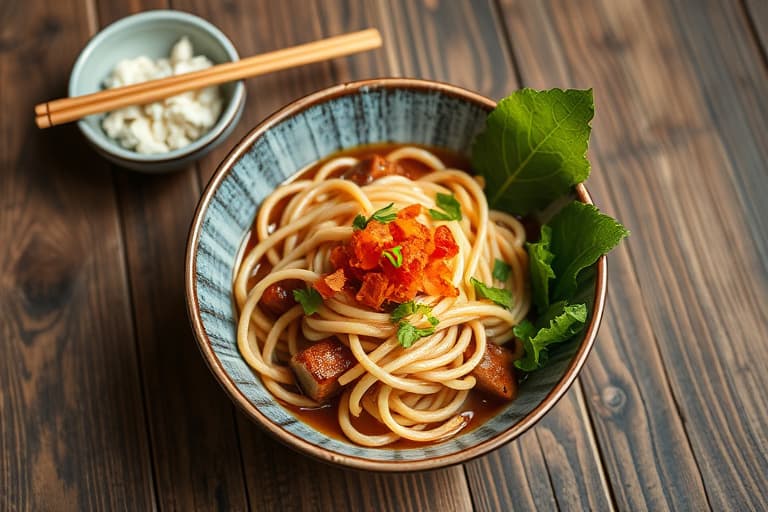 Udon-nudler med reker, snøerter og peanøtter