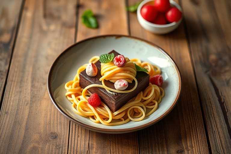 Sjokoladekake med pastellfarger til påske, dekorert med et reir av sjokoladevermicelli