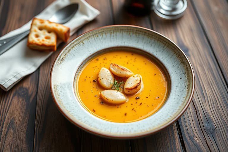 Smøraktig babypurésuppe med panerte, grillede brødskiver