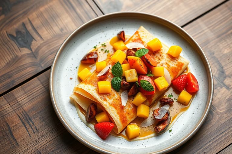 Frittata, fruktfylte crepes, mango- og ruccolasalat med balsamico-vinaigrettedressing