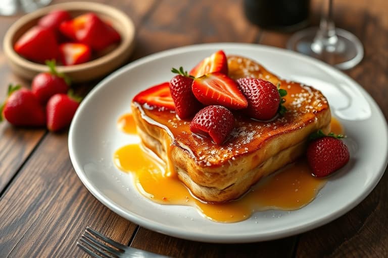 Crème brûlée French toast med drunken strawberries