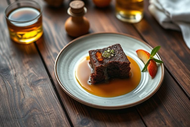 Sjokoladekake infusert med whiskey og bitters, servert med bitters- og appelsinmarmeladeis