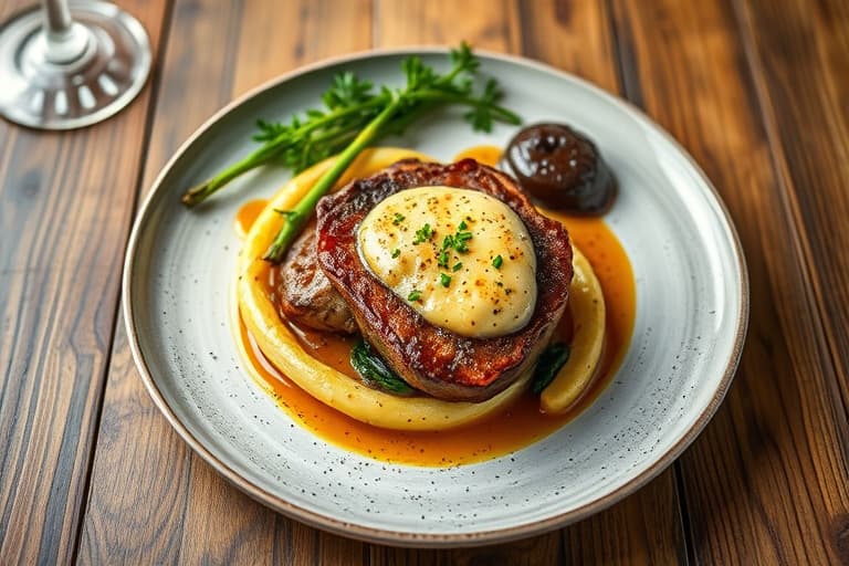 Grillet pepperbiff av New York strip med skalott- og Pommery-saus
Spinat-, shiitake- og potetgrateng Dauphinoise