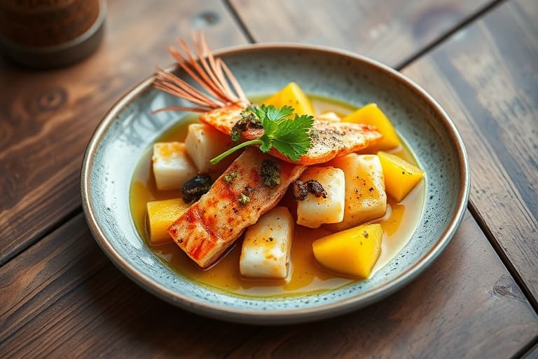 Sprø stekt Florida-gresshummer med pasjonsfruktkrem og Florida-sitrus, servert med skivet fennikelsalat, pyntet med sauterte Florida-gulf-reker og krydret grønn mangomarmelade