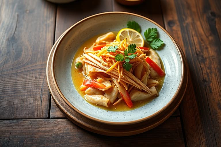 Dampet kveite raskt preget av thailandsk sitrongress- og kaffirlimeolje, servert med gurkemeie-friterte risretter og langbønnesalat