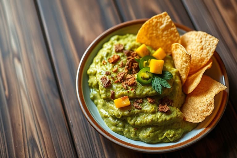 Krydret guacamole med jalapeño, mango og chips