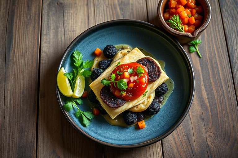 Sørvestlige svarte bønnepannekaker med salsa, fersk koriander og peppermayo med key lime