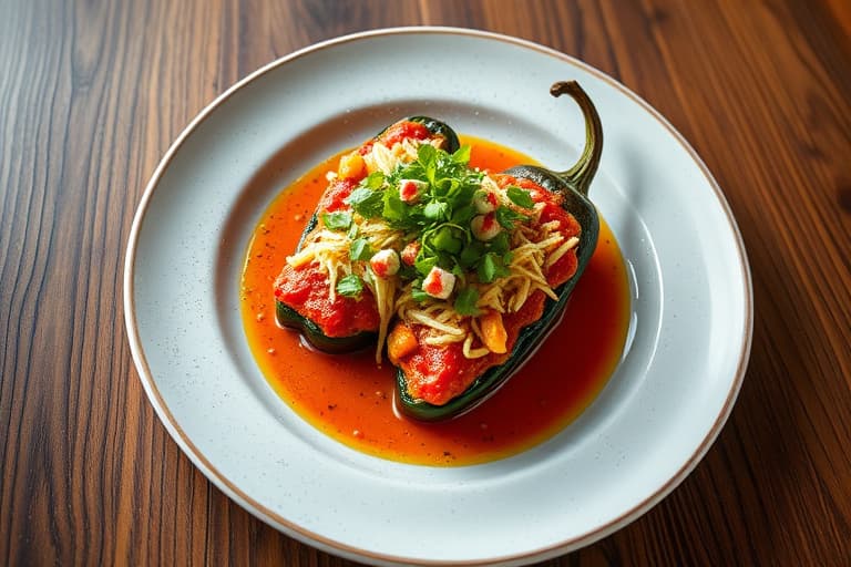 Killer Baja Chili Rellenos Mariscos (Ristede Poblano-pepper fylt med sjømat og ris)