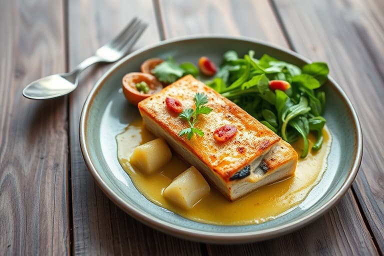 Skivet biff av ytrefilet dekket med løk, servert med roquefort-potetpai og spinatsalat med bacon-dressing