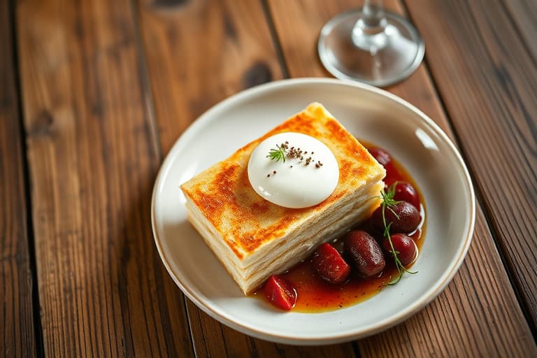 BBY-kylling- og kjøttkake med crème fraîche-poteter, brunt smør- og ertebønner med sjalottløk og rødløkring.