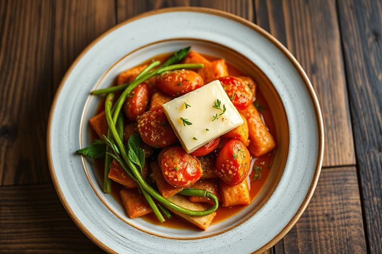 Tomatsuppe med ovnsbakte paprika, hvitløk og løk, servert med grillet ostesmørbrød med Gruyère og krutonger