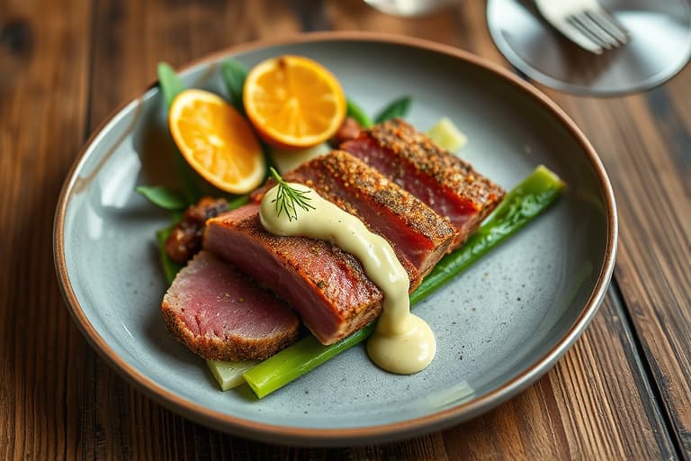 Herb Crusted Seared Tuna with Wasabi Mayonnaise and Ginger Confit on Endive
Urtepanert, stekt tunfisk med wasabimajones og ingefærkonfitur på endive