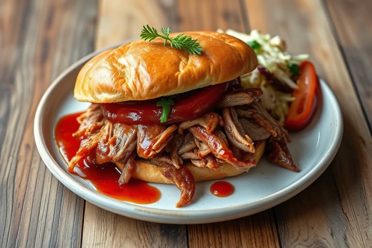 Røykfylt North Carolina Pulled Pork-sandwich med Reds Barbecue-saus, tre potetsalater og coleslaw