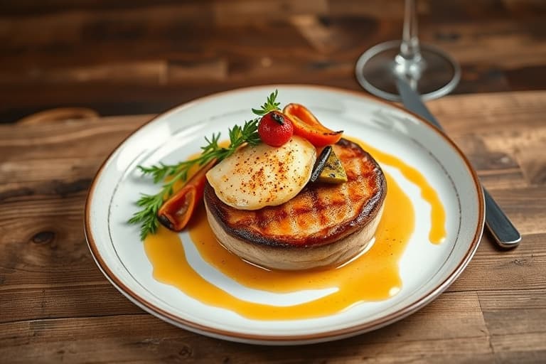 Crab- og shiitakefyllt filet mignon med diver-hellefisk, pakket inn i peruanske lilla potetnett, servert med bearnaisesaus