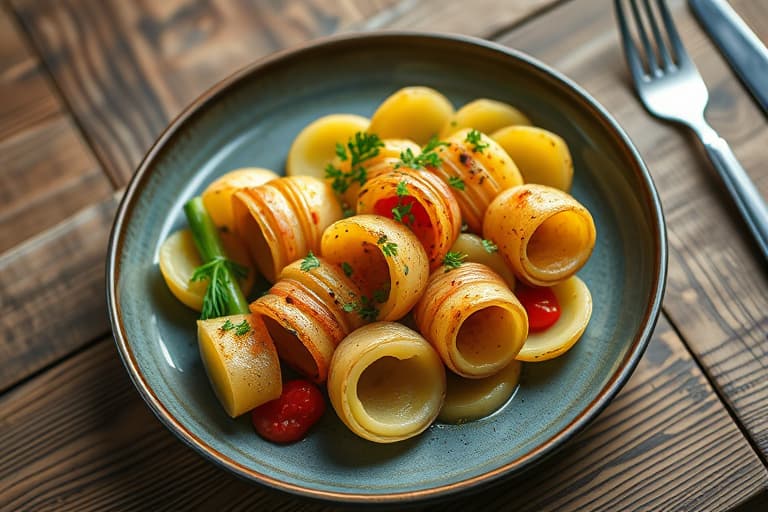 Søtepoteter i rulle
Hvis du ønsker en mer direkte oversettelse av "Accordion Potatoes" til norsk, kan det også være:
"Rullepoteter" eller "Rullepotet"