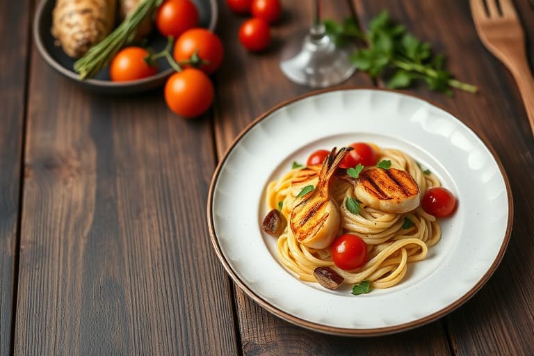 Grillede sjøscallops med englehårpasta kokt i blekksprutblekk og ovnsbakte tomater med safranvinaigrette