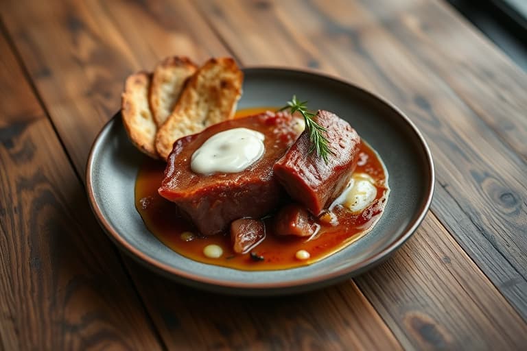 Rostet lammelår med rosmarin og membrillo-aioli, servert med rustikke ovnsbakte poteter