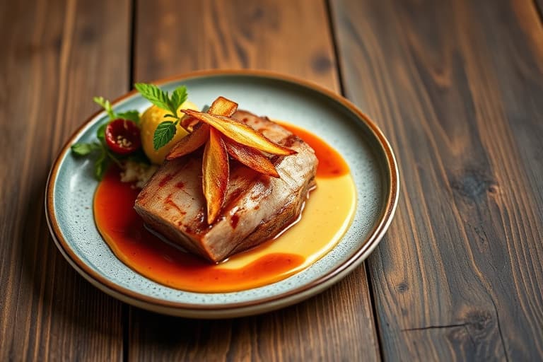 Sprøtt macadamianøtt-omslukt ahi-tuna med Kona-kaffebarbecuesaus og puré av lilla potet