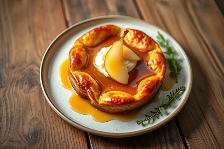 Gingerbread Dutch Baby med pocherte lønnesirup-pear og crème fraîche