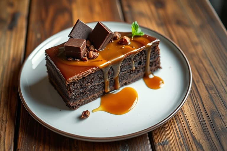 Sjokoladekake med sjokoladebiter og toffee-saus, sjokoladeganache og vaniljeis-vaniljebutterkrem