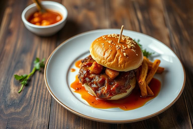 Kinesiske BBQ-kyllingpulled pork-sliders med sylteagurk, gulrøtter og søt og sterk sennepssaus