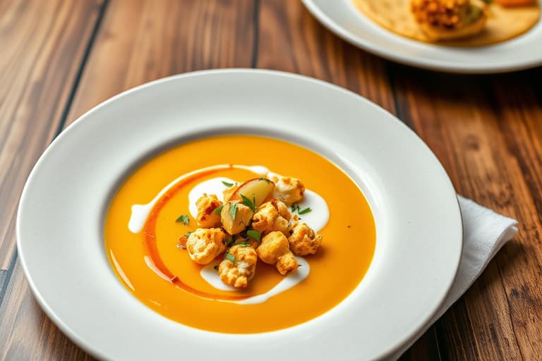 Kabocha-squashsuppe med crème fraîche, karamellisert Granny Smith-apple og Madras-karripopcorn