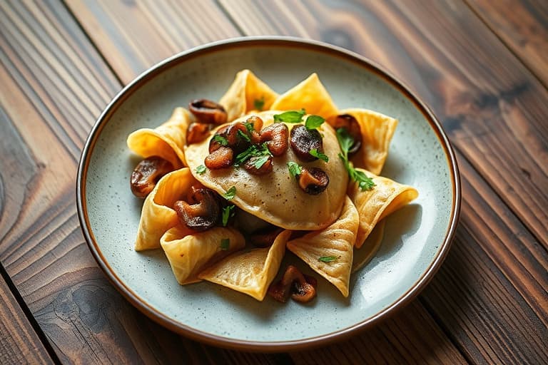 Fricassé av champignon de Paris i wontons