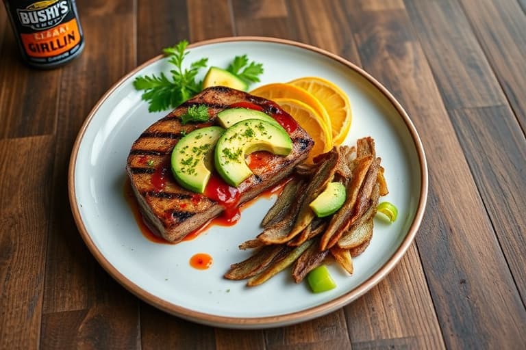 Grillet sørvestlig flankbiff med ovnsbakte røde paprika og avocado, servert med Bush's Black Bean Fiesta Grillin'-bønner