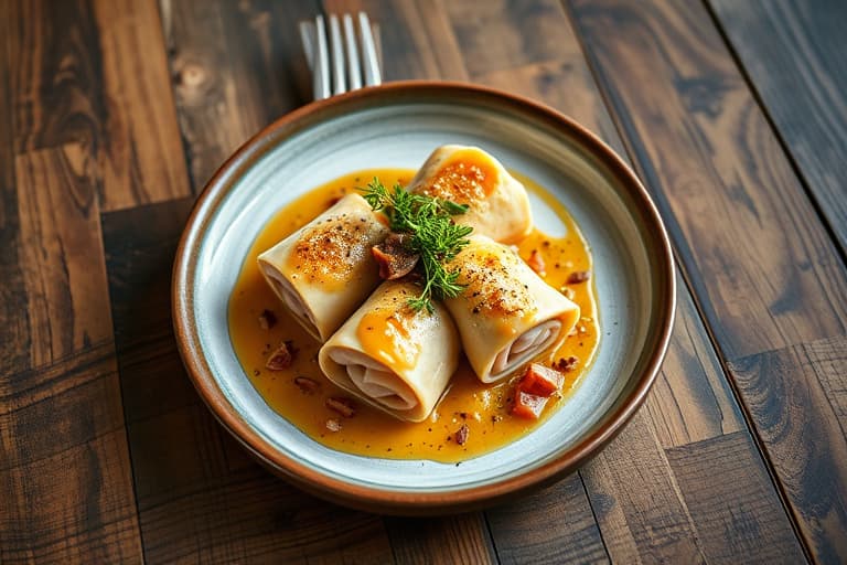 Turkey Saltimbocca Roll-ups, sopp og hvite bønner ragout, spinat med pancetta og løk