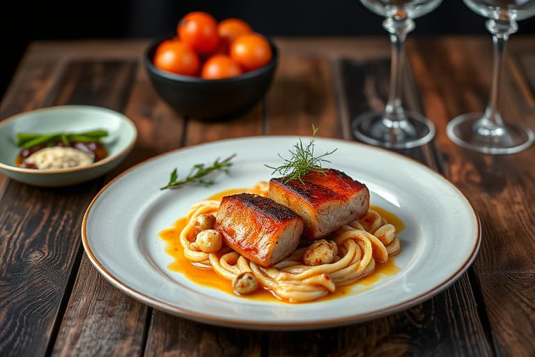 Skotsk laks med sjalottløk-trøffelhonningglasur, lumpkrabbe og grønt eplerisotto, samt kvitjemarmelade