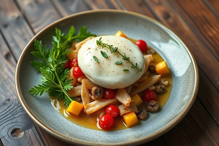 Geitostsuffléer og blandet grønt med bringebærdressing