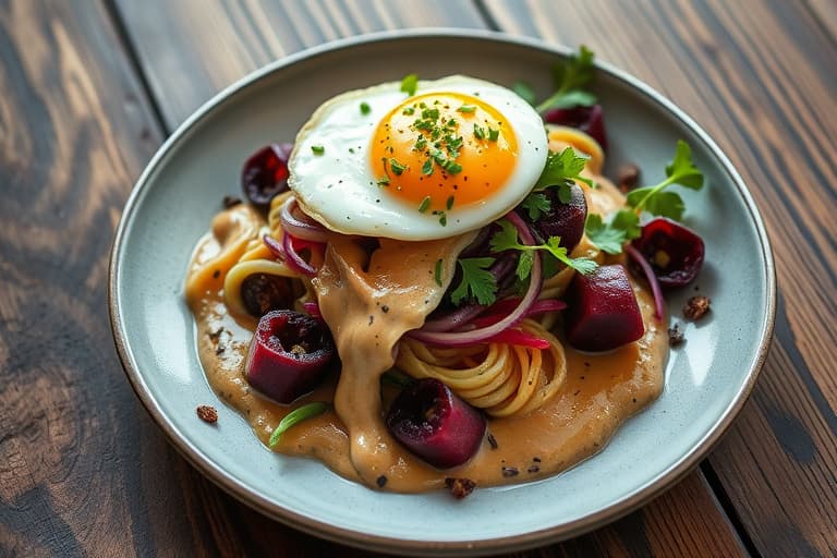 Grillet brokkoli rabe og radicchio med pancettadressing, toppet med et mykt kokt egg