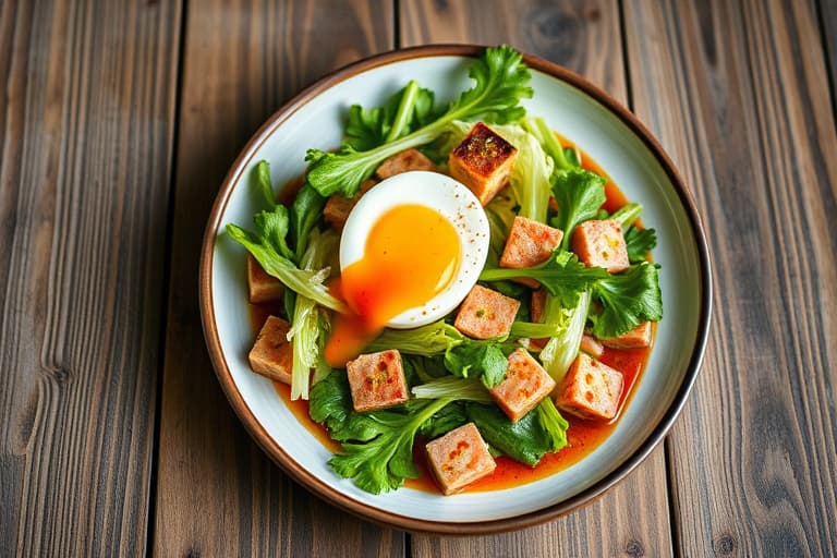 Varm frisée-salat med lardon og posjerte egg i rødvinsaus