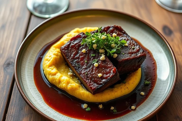 Kortrevede short ribs braisert i Cabernet med Gorgonzola-polenta og blandet urtegremolata