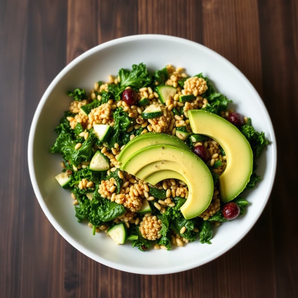 Gialinas grønnkål- og farrosalat med avokado