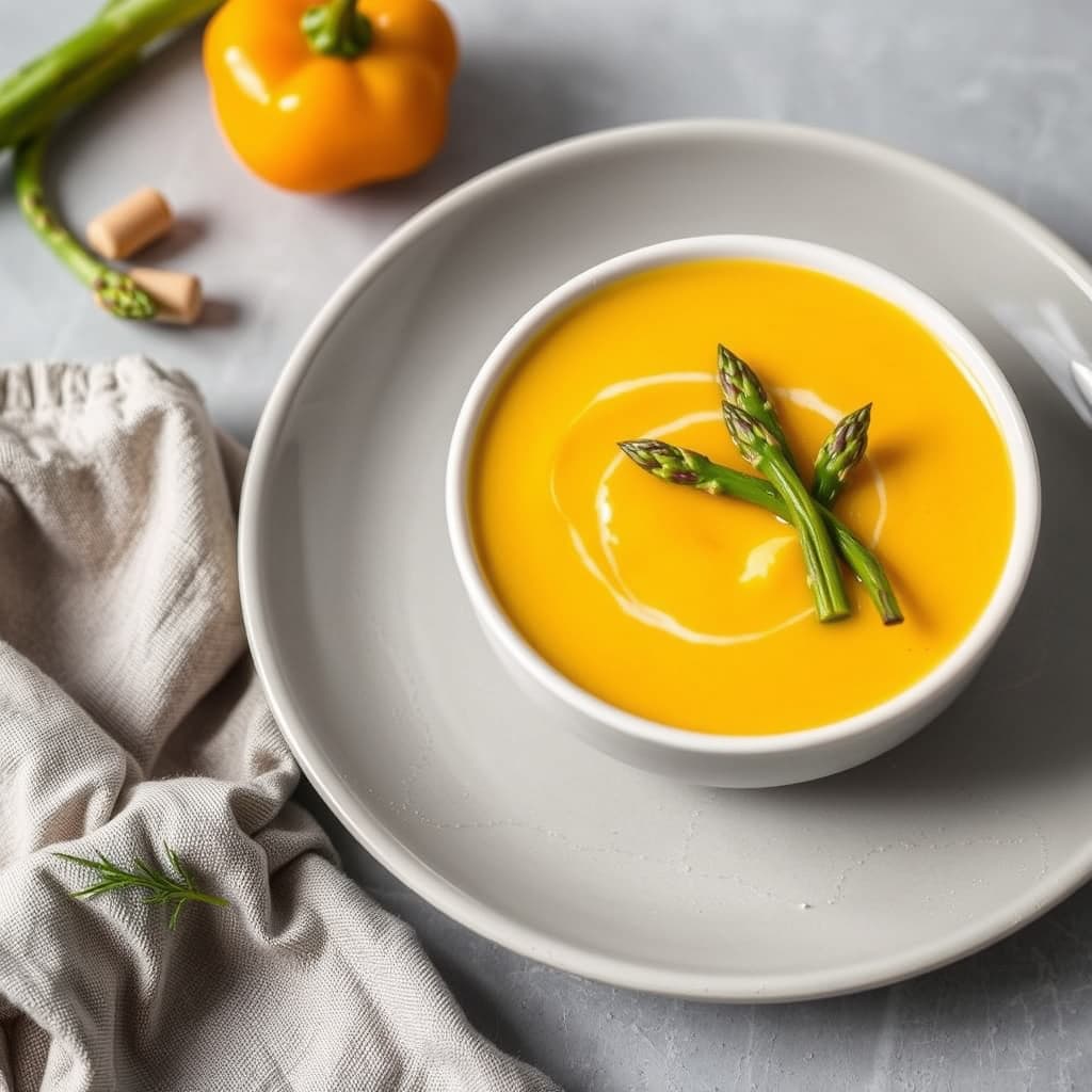 Glansfull gul peppersuppe med aspargesspyd