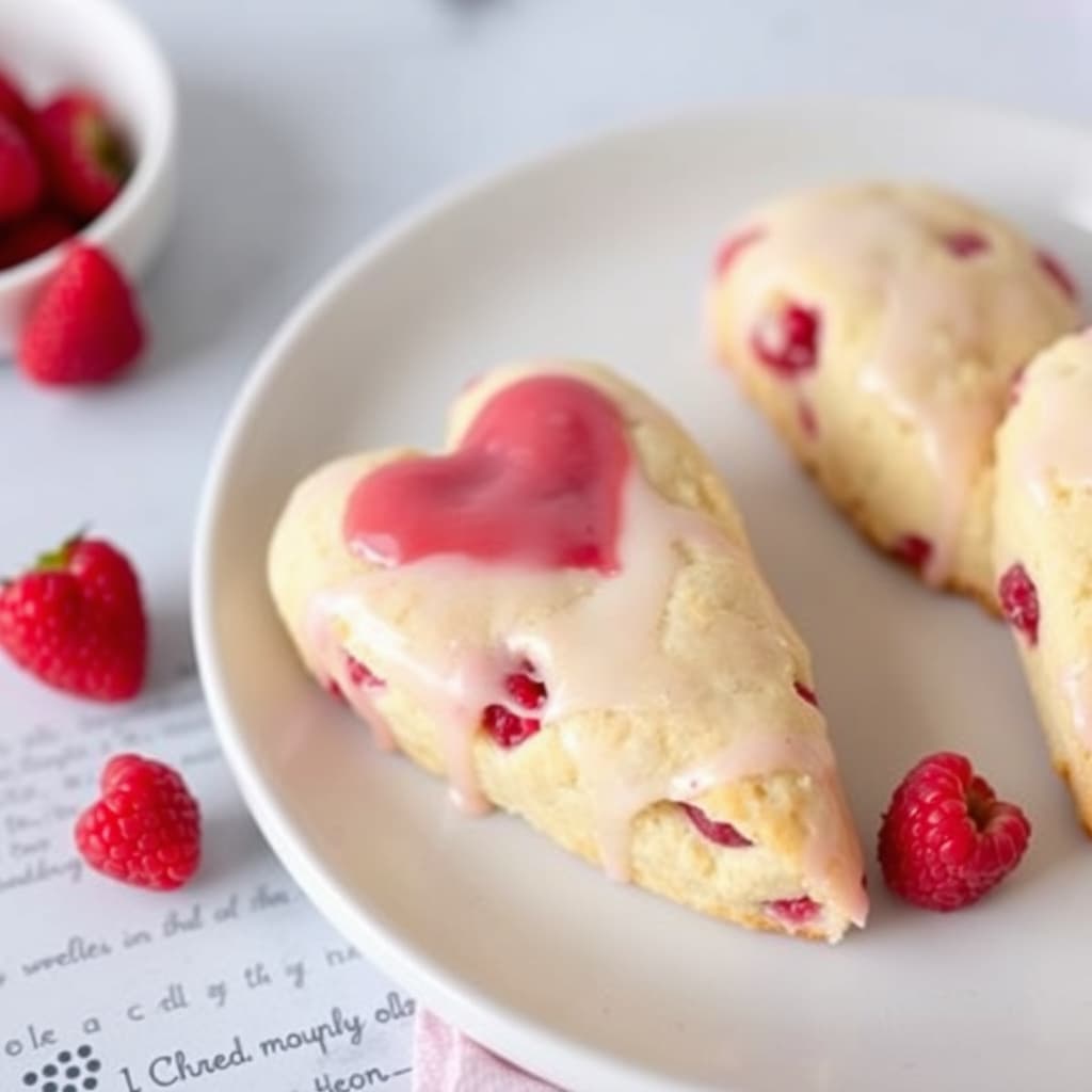 Glaserte bringebærhjerte-scones