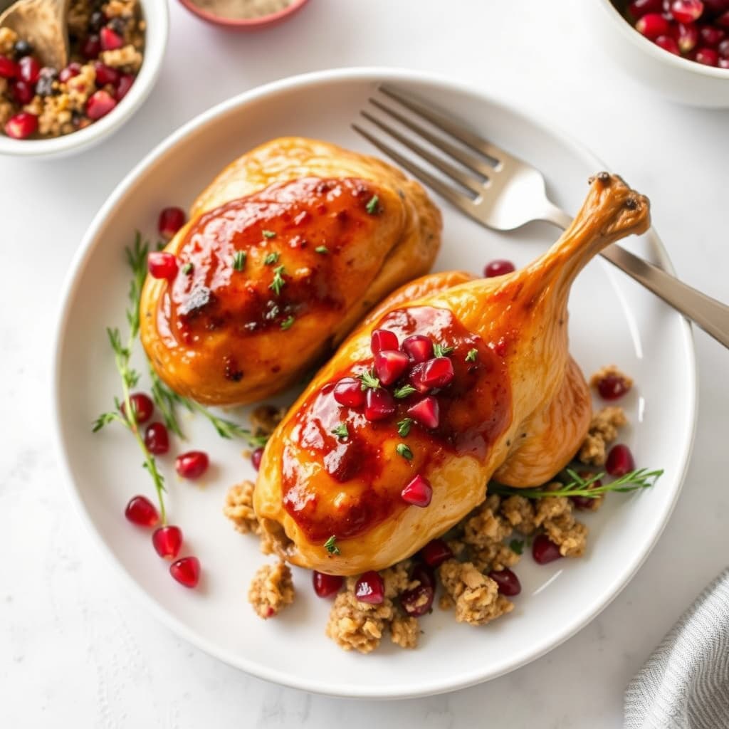 Glaserte kyllinglår fra Cornwall med granateple- og risfyll.