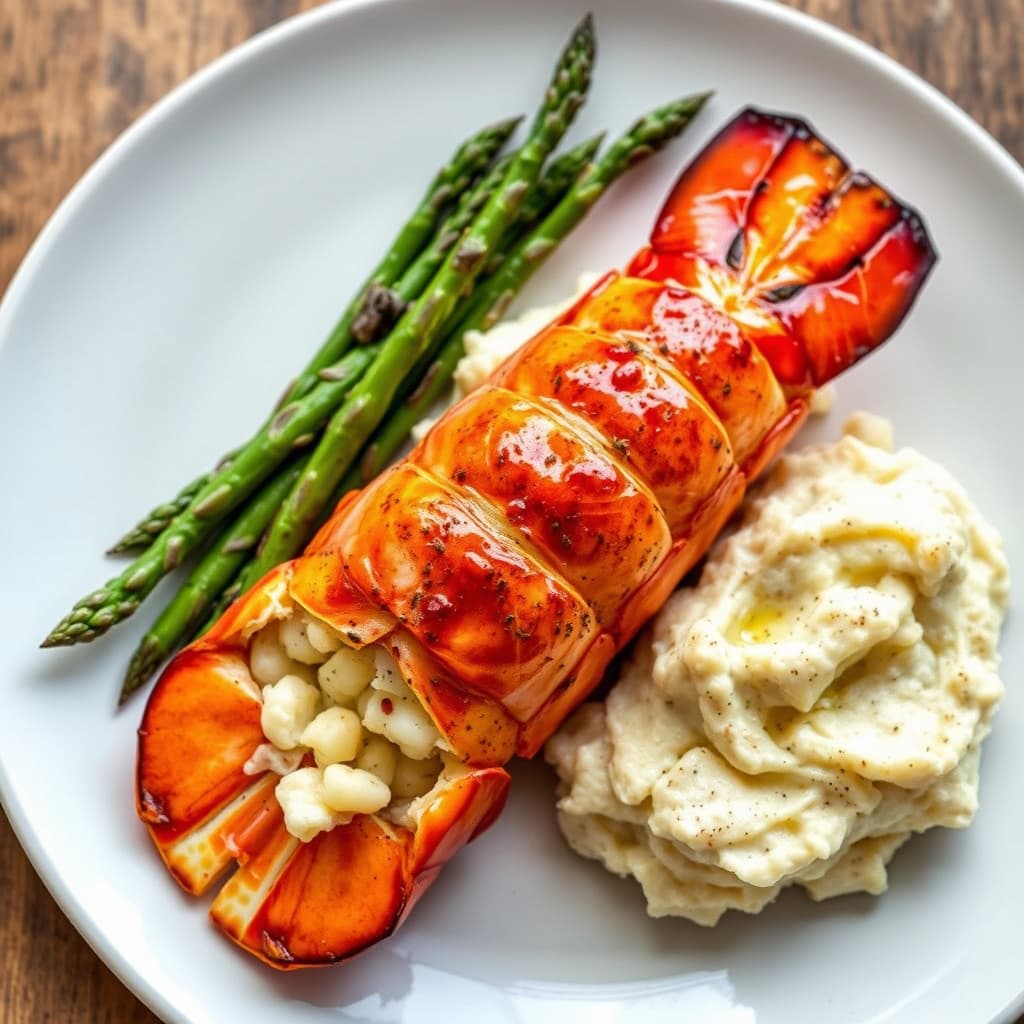 Glassert hummer med grillet asparges og hummermos av Yukon Gold-poteter